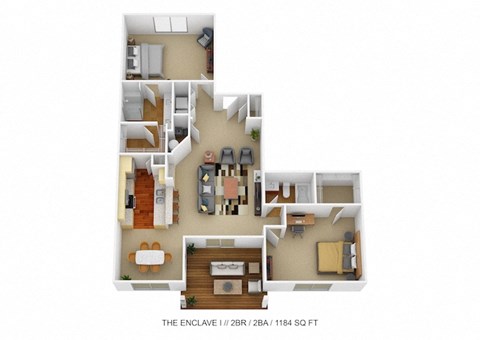 Floor plan for 2 beds, 2 baths, 1184 sqft